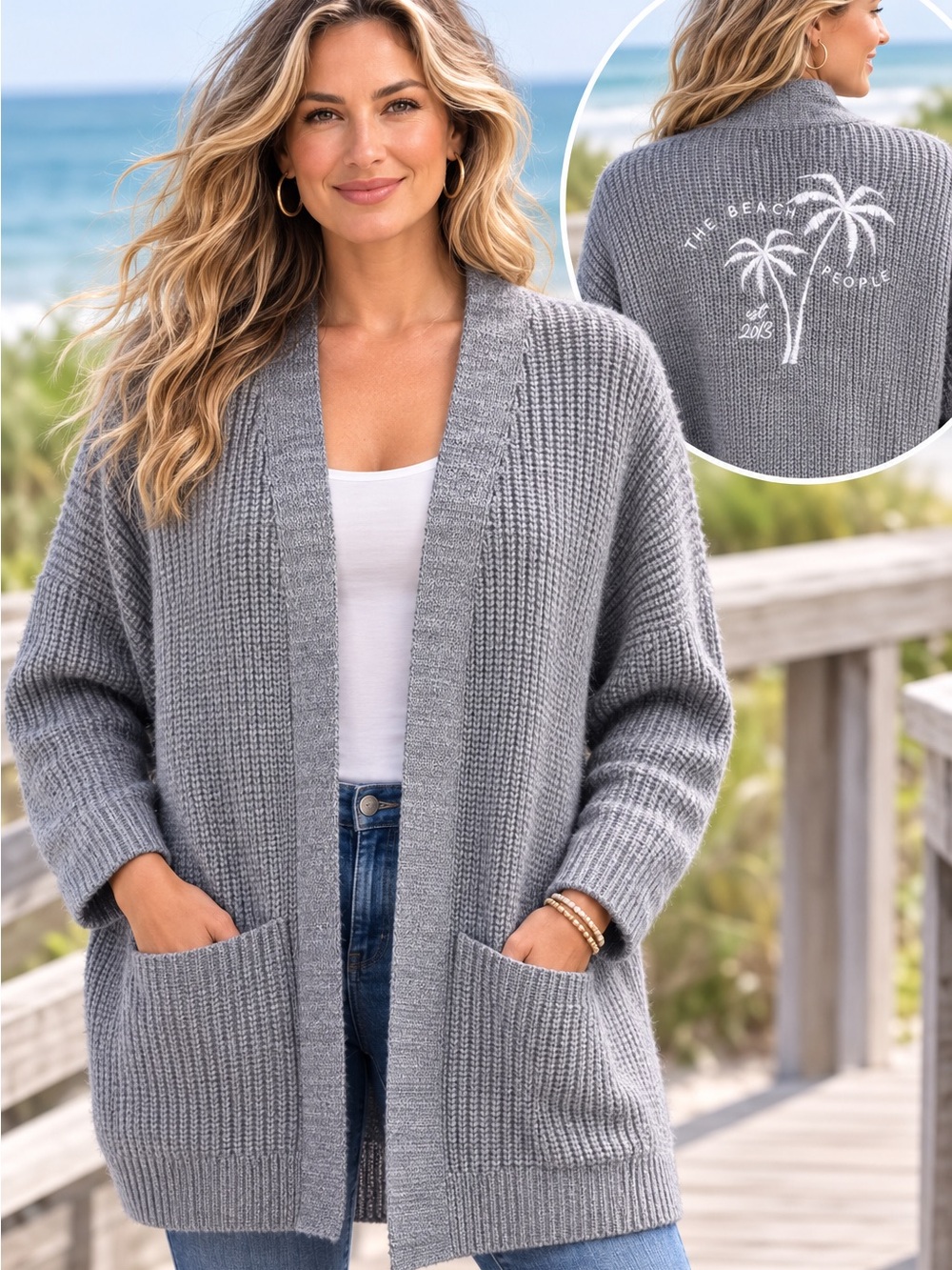 The Beach People Gray Chunky Knit Open Front Cardigan M/L Palm Tree Embroidered